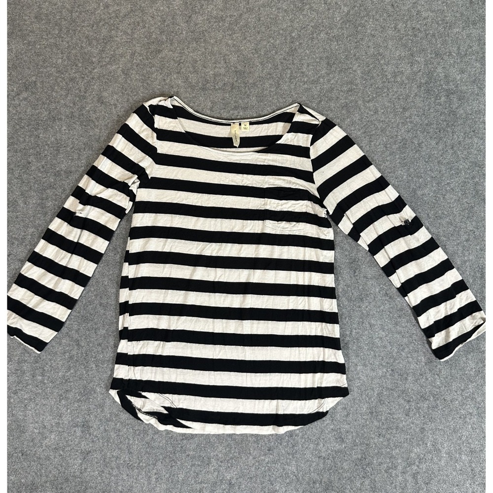 Tacera Striped Roll-Tab Sleeve Top Medium Black White Nautical Pocket Tee